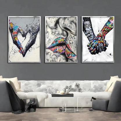 Avelena | 3PCS Moderne Liebe Hand in Hand Küss den Kuss Poster Graffiti Banksy Straßen Wandkunst Leinwandmalerei Drucke Bilder Raumdekoration