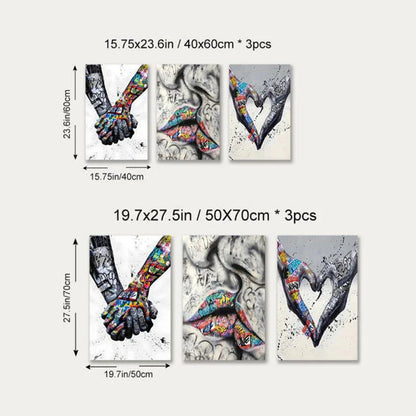 Avelena | 3PCS Moderne Liebe Hand in Hand Küss den Kuss Poster Graffiti Banksy Straßen Wandkunst Leinwandmalerei Drucke Bilder Raumdekoration