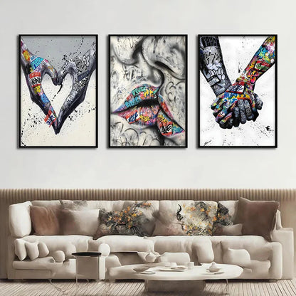 Avelena | 3PCS Moderne Liebe Hand in Hand Küss den Kuss Poster Graffiti Banksy Straßen Wandkunst Leinwandmalerei Drucke Bilder Raumdekoration