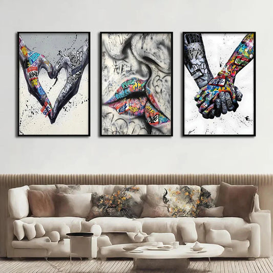 Avelena | 3PCS Moderne Liebe Hand in Hand Küss den Kuss Poster Graffiti Banksy Straßen Wandkunst Leinwandmalerei Drucke Bilder Raumdekoration