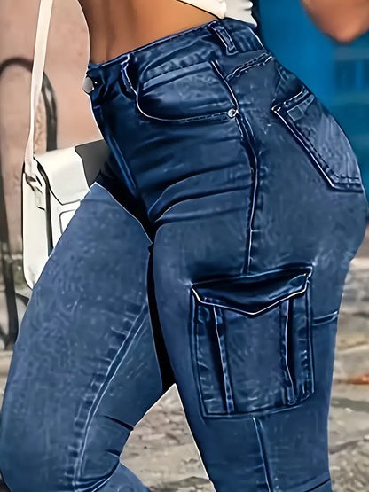 Hochelastische, lässige Denim Cargo-Hose mit mehreren Taschen