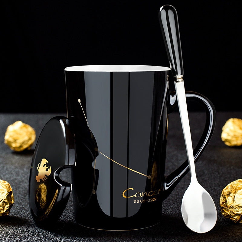 Avelena | 12 Tierkreiszeichen Schwarze Keramiktasse mit Deckel Löffel