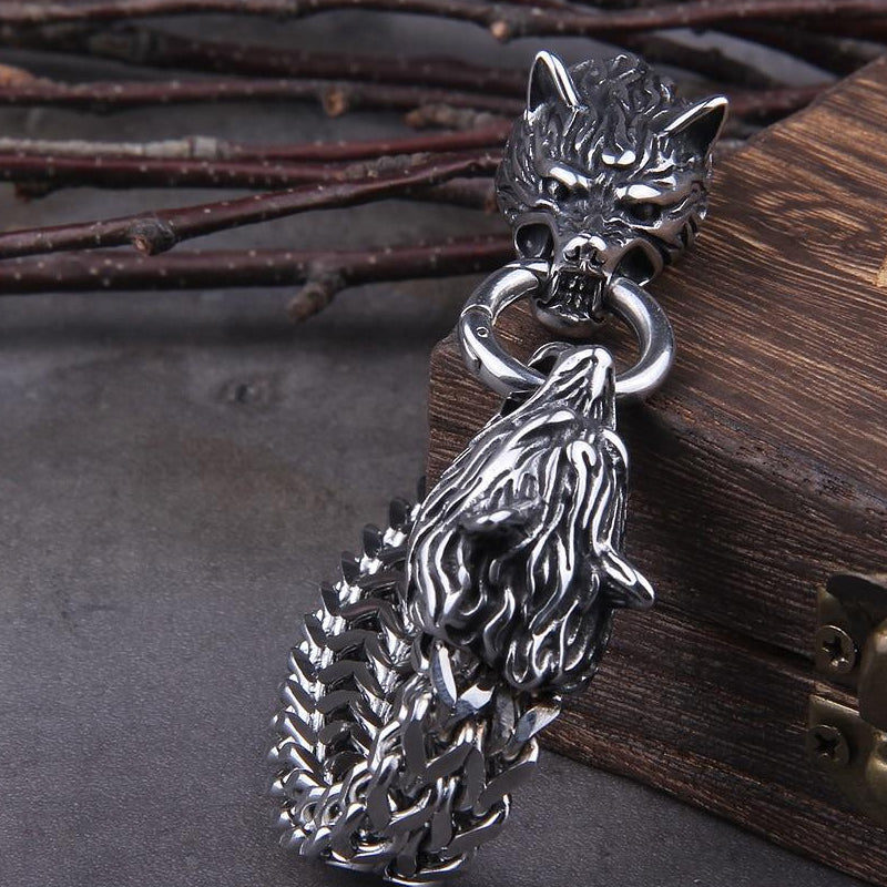 Avelena | Viking Edelstahl Doppel Wolf Kopf Fenrir Armband