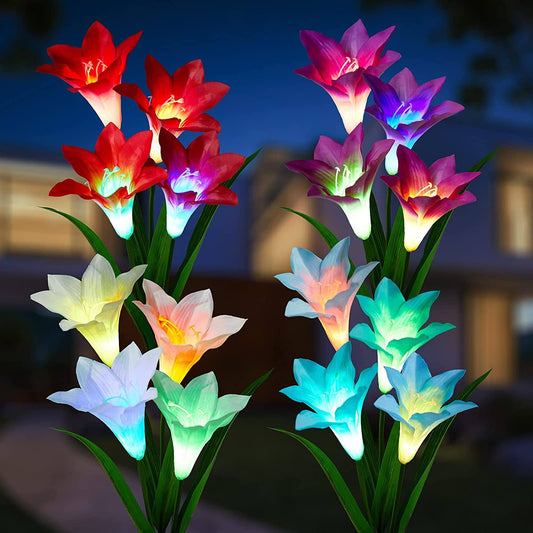 Avelena | 4er-Pack: Solar-Gartenlichter mit Farbwechsel und 16 größeren Lilienblumen