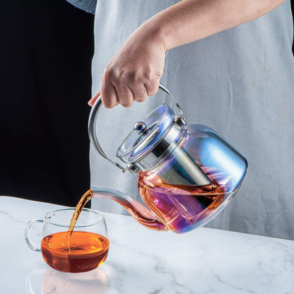 Avelena | 50 Oz(1500Ml) Glas Teekanne mit Deckel, abnehmbarer Edelstahl-Teesieb und Griff, herdgeeigneter Teebereiter für blühenden und losen Tee (irideszent)