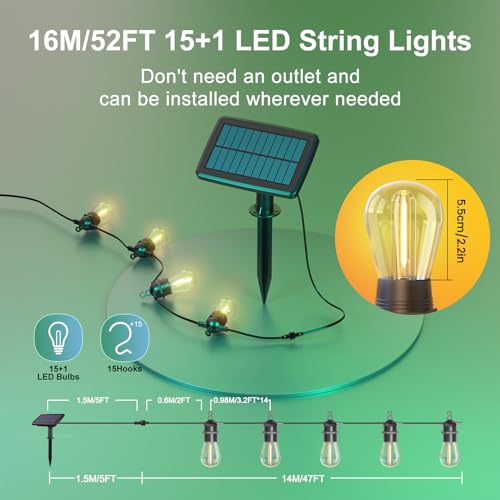 Avelena | 52FT Solar Lichterkette für den Außenbereich mit Fernbedienung, Warmweiß