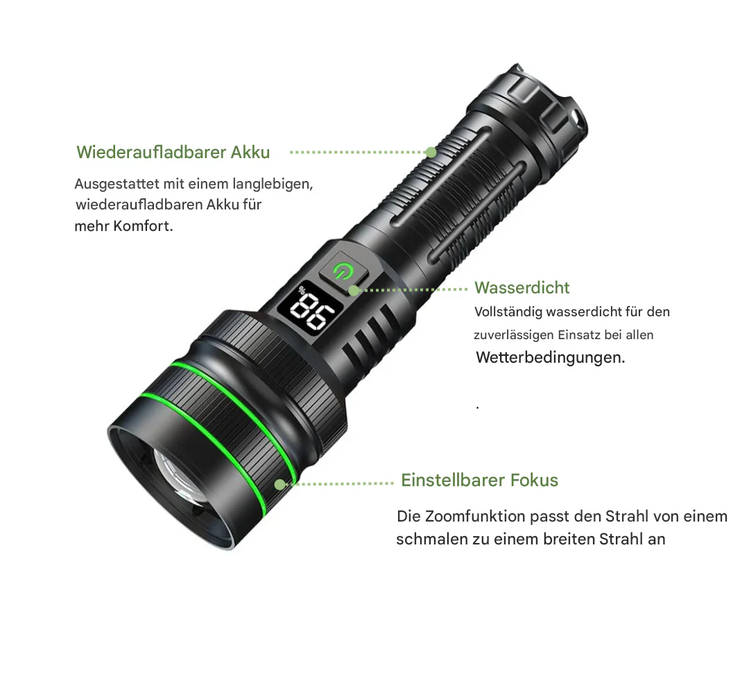 Avelena | Extrem Helle und Zoombare LED-Taschenlampe mit Powerbank-Funktion für Outdoor-Abenteuer