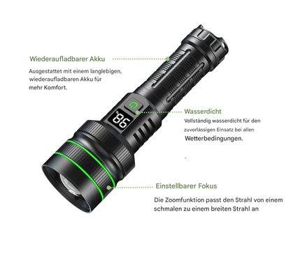 Avelena | Extrem Helle und Zoombare LED-Taschenlampe mit Powerbank-Funktion für Outdoor-Abenteuer