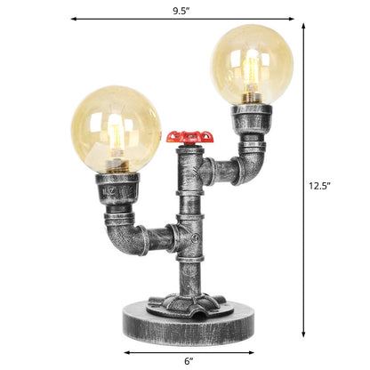Avelena | 2-Lampe Schreibtischlampe Industriell Runde Schirm Klar/Amber Glas Tischbeleuchtung In Antik Silber