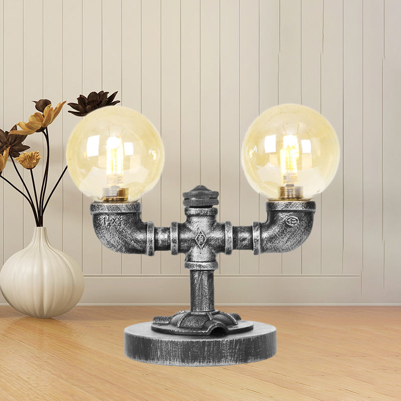 Avelena | Industrielle Runde Schirm Schreibtischlampe 2/3-Lampe Klar/Amber Glas Aufgabenbeleuchtung In Antik Silber/Bronze mit Fuß