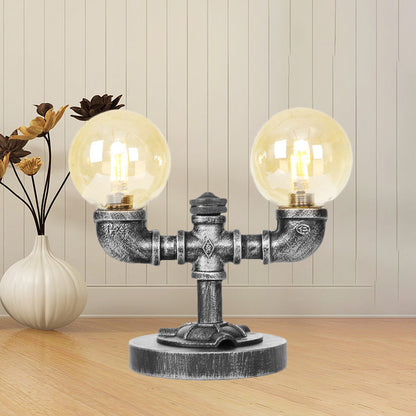 Avelena | Industrielle Runde Schirm Schreibtischlampe 2/3-Lampe Klar/Amber Glas Aufgabenbeleuchtung In Antik Silber/Bronze mit Fuß