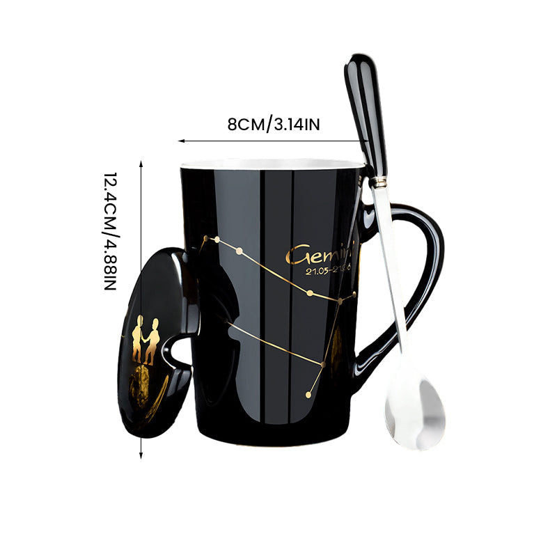 Avelena | 12 Tierkreiszeichen Schwarze Keramiktasse mit Deckel Löffel