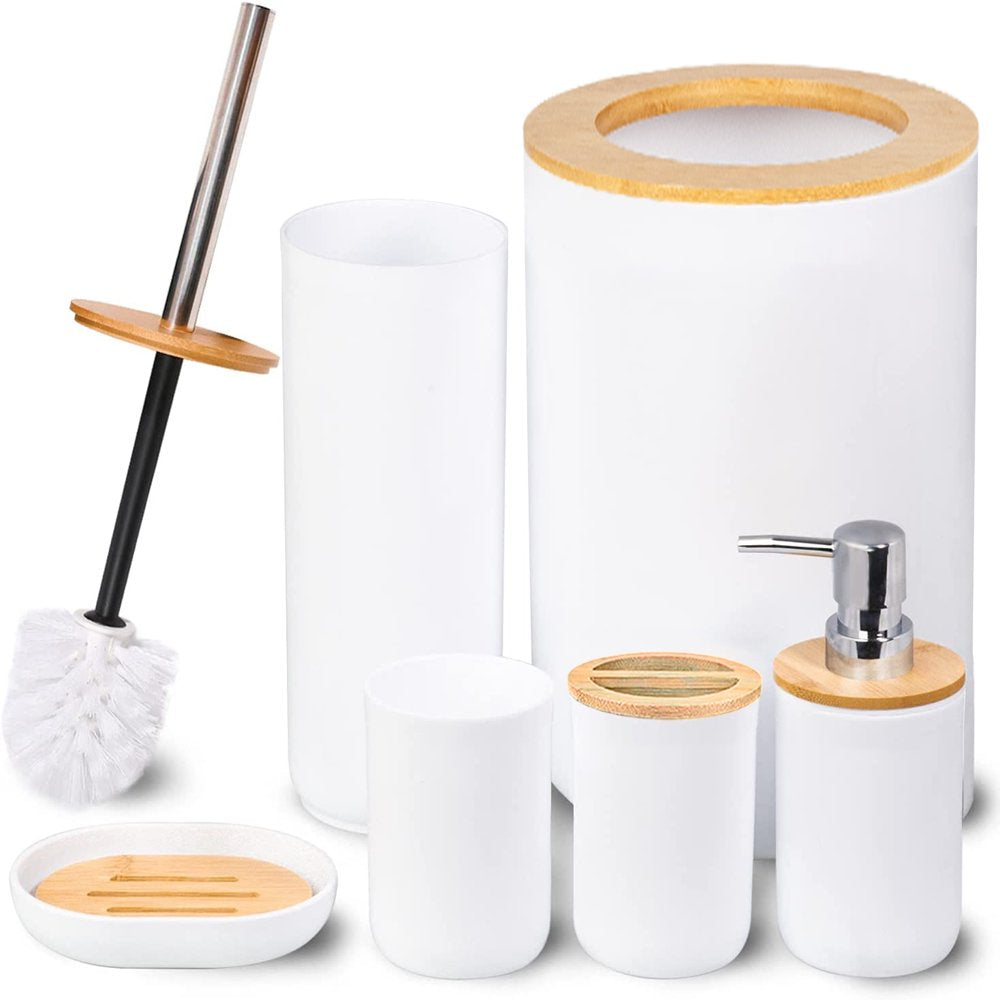 Avelena | 6-teiliges Badset - Seifenschale Zahnbürstenhalter Mundspülbecher Lotionflasche Mülleimer WC-Bürste - Praktisches WC-Set für Zuhause Wäschempfang, Schwarz