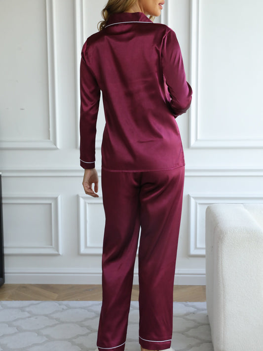 Klassisches, bequemes, solides Pyjama-Set mit langen Ärmeln und Knopfleiste, Oberteil und Hose