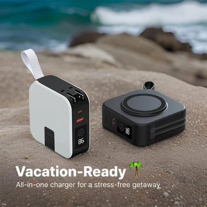 Avelena | TravelBank | Tragbares 5-in-1 Wandladegerät | Drahtloses Laden, Powerbank & Multi-Geräte-Laden