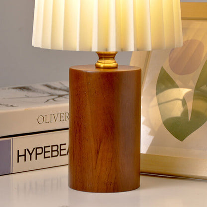 Avelena | Vintage Korean Plissee Säule Massivholz Basis 1-Licht Tischlampe