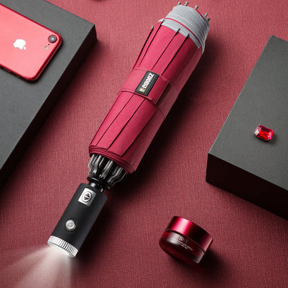 Avelena | Winddichter umkehrbarer Faltregenschirm mit LED, automatischem Öffnen/Schließen, sicherem reflektierendem Band und robusten 10 Rippen