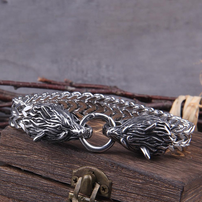 Avelena | Viking Edelstahl Doppel Wolf Kopf Fenrir Armband