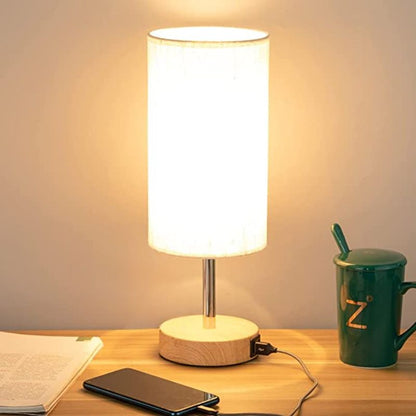 Avelena | Lampe mit USB-Anschluss Touch-Control Tischlampe für Schlafzimmer Holz 3-stufig dimmbare Nachttischlampe mit runder Leinenstoff-Schirm für Wohnzimmer, Studentenwohnheim, Home Office