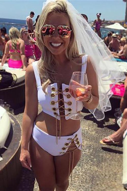 Avelena | Neues Goldene Kette Detail Schnürung 2-Teilig Bikini Badeanzug