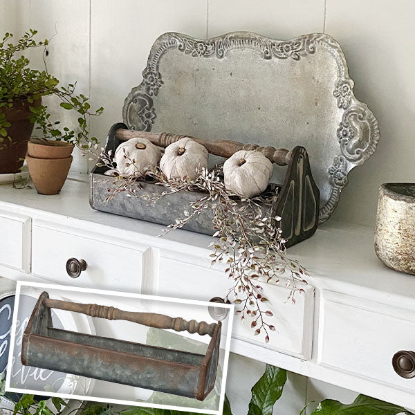 Avelena | Rostige Patina Galvanisierte Metallcaddy mit Holzspindelgriff