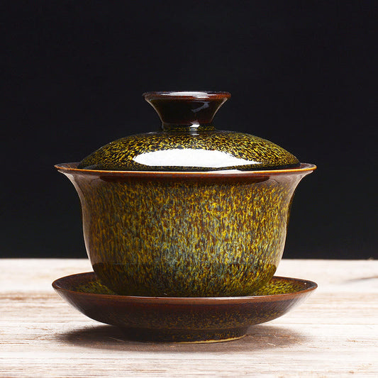 Avelena | Vintage Kiln Keramik Gaiwan Sancai Teetasse Teetasse und Untertasse mit Deckel