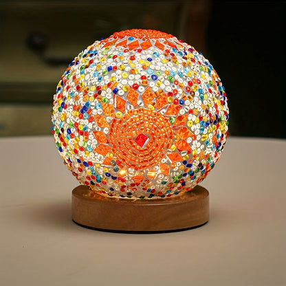 Avelena | Mosaikglasballen-Tischlampe mit Holzfuß - Türkisch marokkanisch inspiriert