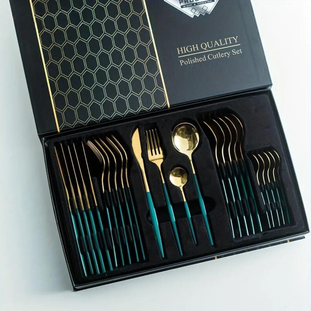 Avelena | Luxuriöses Besteckset – 24-teilig – goldfarbener Edelstahl – Messer, Gabel, Löffel – Küchenzubehör