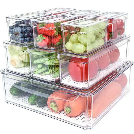 Avelena | Stapelbares Kühlschrank-Organizer-Set – 10 klare Aufbewahrungsboxen für Frische & Küchene Ordnung