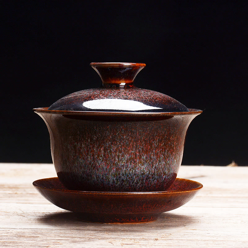 Avelena | Vintage Kiln Keramik Gaiwan Sancai Teetasse Teetasse und Untertasse mit Deckel