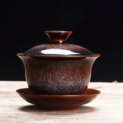 Avelena | Vintage Kiln Keramik Gaiwan Sancai Teetasse Teetasse und Untertasse mit Deckel