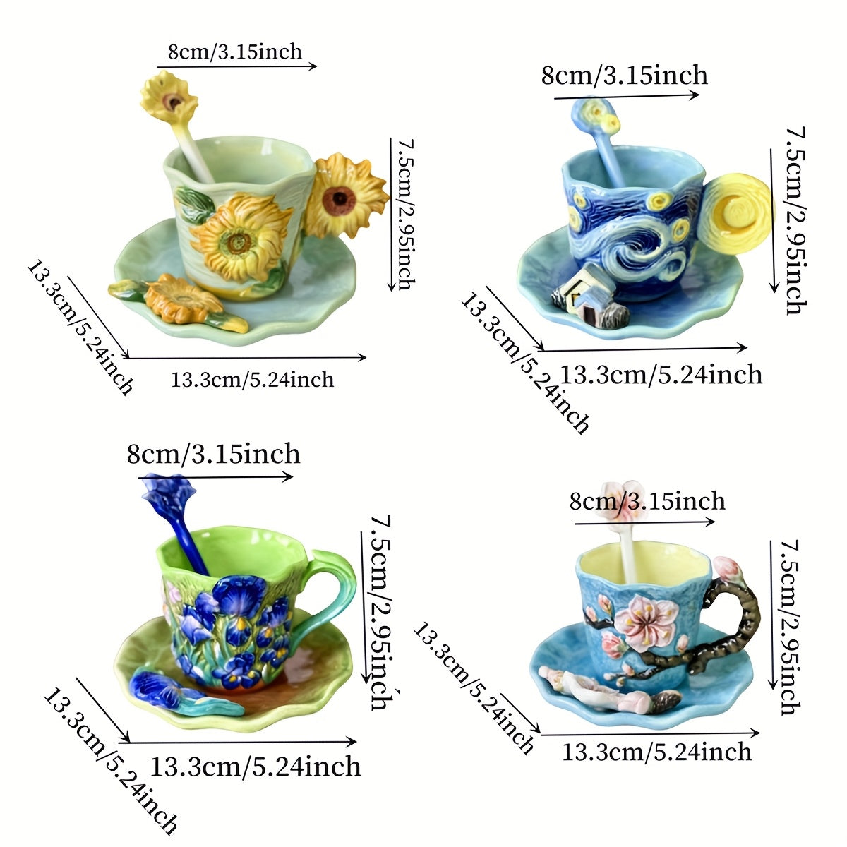 Avelena | ArtSip Keramikbecher & Untertassen-Set – Handgemaltes 3D-Design inspiriert von Van Gogh