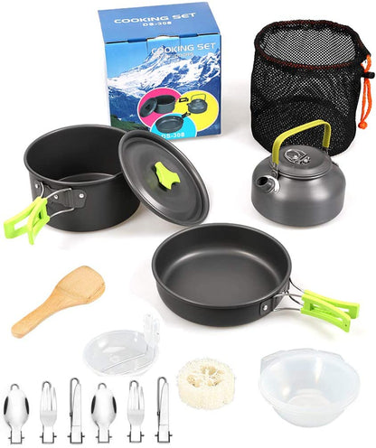 Avelena | Dzrzvd Camping Kochgeschirr Mess Kit Ausrüstung, Rucksack Zubehör Ausrüstung Töpfe Und Pfannen Set Mit Netzaufbewahrungstasche Für Reisen, Picknick