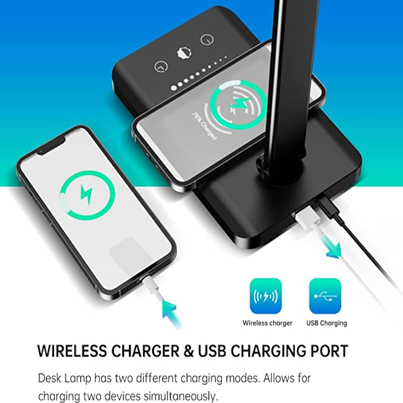 Avelena | LED-Schreibtischlampe mit USB-Ladeanschluss, dimmbare augenfreundliche Leselampe für zu Hause, mit 5 Helligkeitsstufen & 3 Lichtmodi, Touch-Steuerung, Auto-Timer (Schwarz)