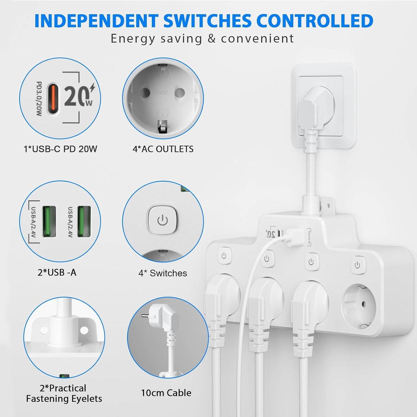 Avelena | Drehbare wandmontierte Steckdosenleiste mit unabhängigen Schaltern – 3 Steckdosen + 2 USB-A + 1 USB-C-Anschlüsse