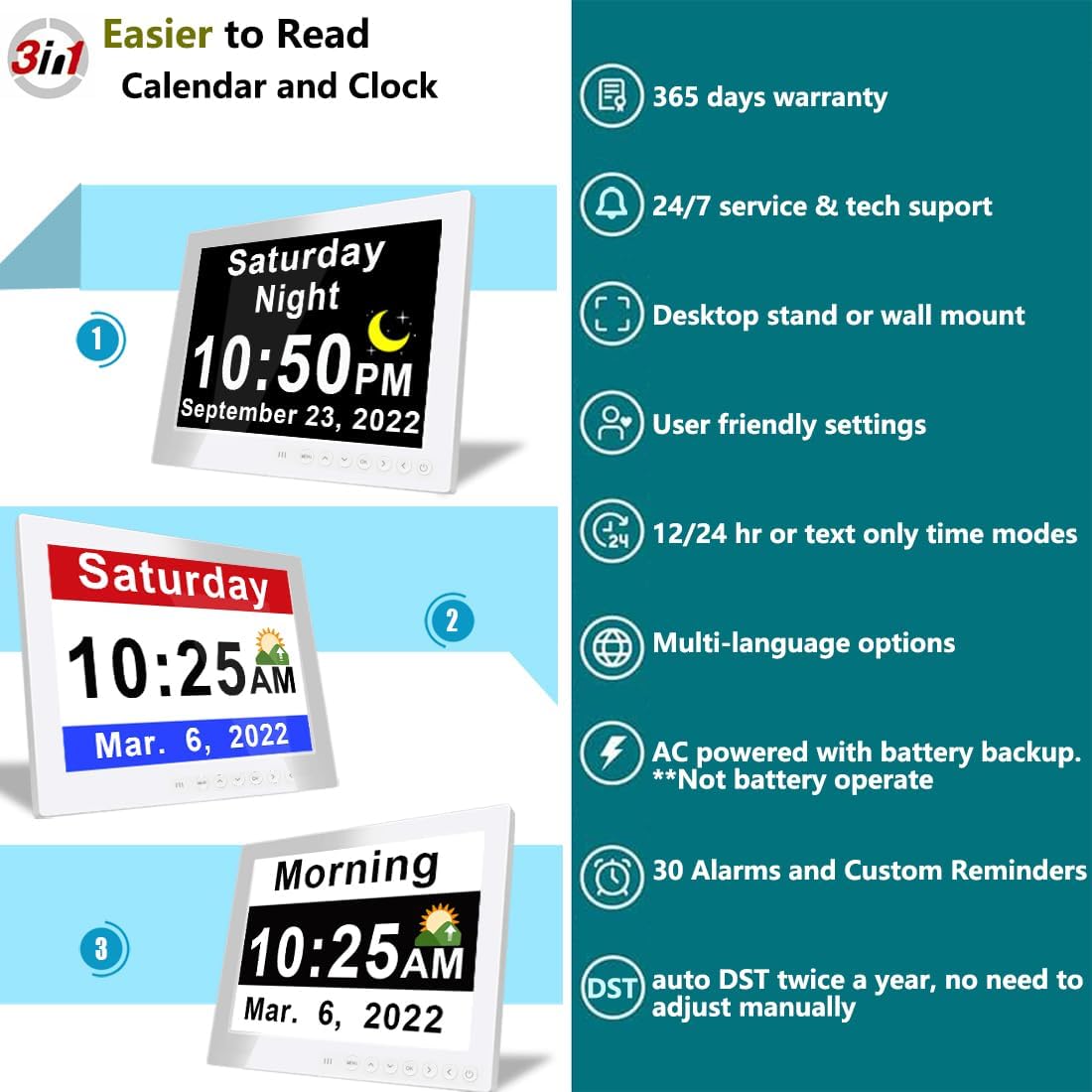 Avelena | 11,5-Zoll Digitaler Kalender Tagesuhr mit 19 Erinnerungen – Claryon