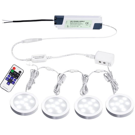 Avelena | Aiboo verlinkbare LED Unterbauleuchte festverdrahtet 12V schlanke Aluminium dimmbare Puck-Leuchte mit Fernbedienung für die Beleuchtung von Schränken (4 Lichter, Tageslichtweiß, ohne Wandstecker)