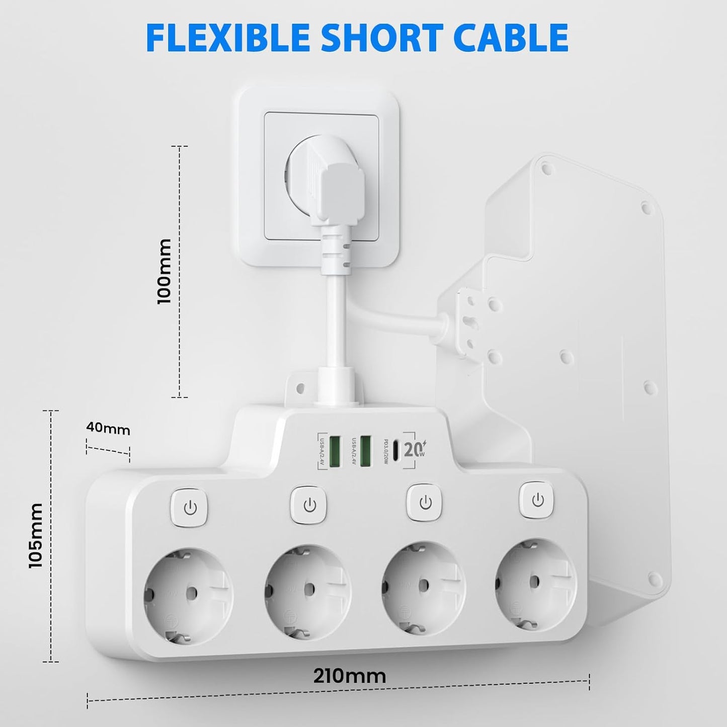 Avelena | Drehbare wandmontierte Steckdosenleiste mit unabhängigen Schaltern – 3 Steckdosen + 2 USB-A + 1 USB-C-Anschlüsse