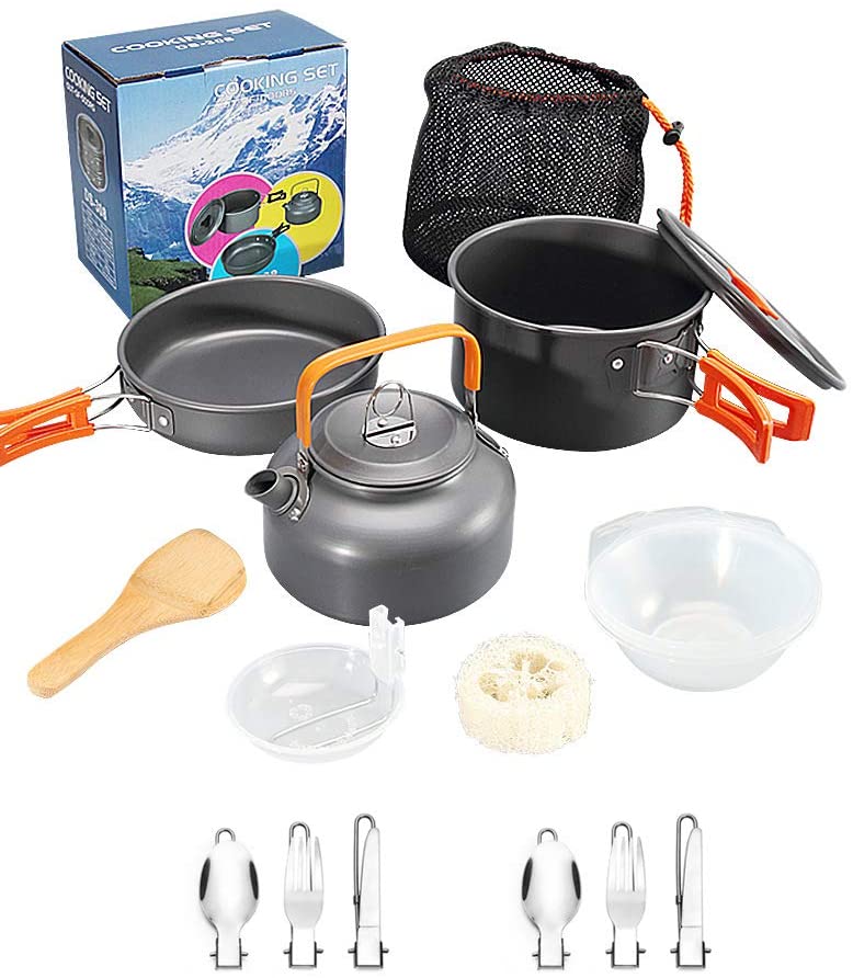 Avelena | Dzrzvd Camping Kochgeschirr Mess Kit Ausrüstung, Rucksack Zubehör Ausrüstung Töpfe Und Pfannen Set Mit Netzaufbewahrungstasche Für Reisen, Picknick