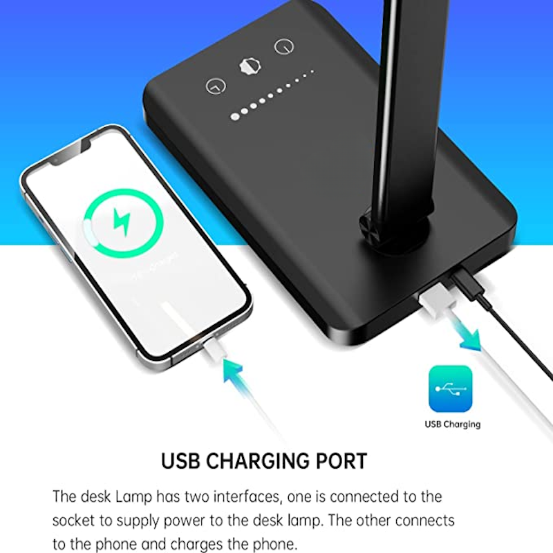 Avelena | LED-Schreibtischlampe mit USB-Ladeanschluss, dimmbare augenfreundliche Leselampe für zu Hause, mit 5 Helligkeitsstufen & 3 Lichtmodi, Touch-Steuerung, Auto-Timer (Schwarz)