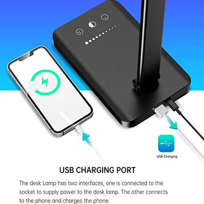Avelena | LED-Schreibtischlampe mit USB-Ladeanschluss, dimmbare augenfreundliche Leselampe für zu Hause, mit 5 Helligkeitsstufen & 3 Lichtmodi, Touch-Steuerung, Auto-Timer (Schwarz)