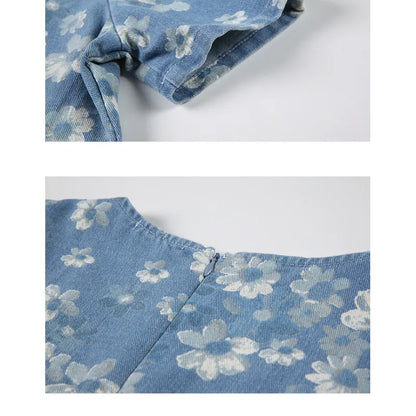 Avelena | Blaues, Geblümtes Jeanskleid