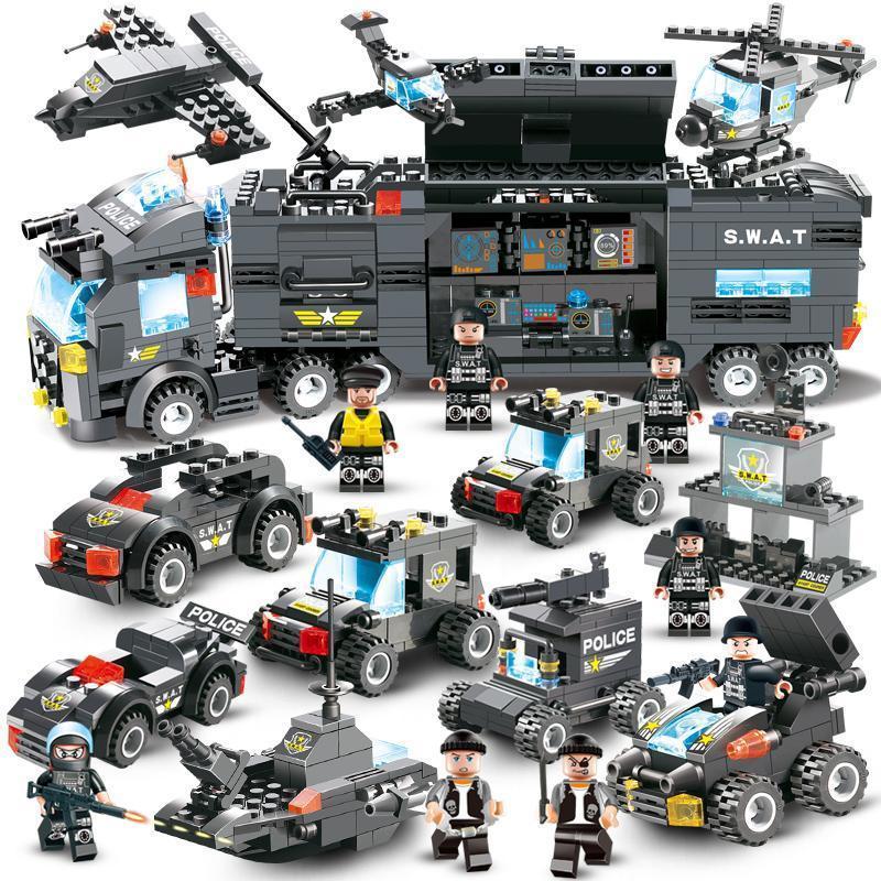 Avelena | 8 IN 1 Stadtpolizei Lkw Station Bauklötze Serie SWAT Spielzeug Geschenk Für Kinder