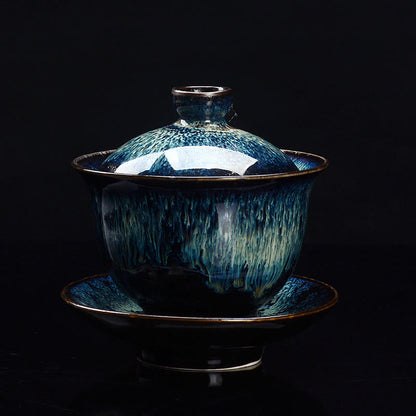 Avelena | Vintage Kiln Keramik Gaiwan Sancai Teetasse Teetasse und Untertasse mit Deckel
