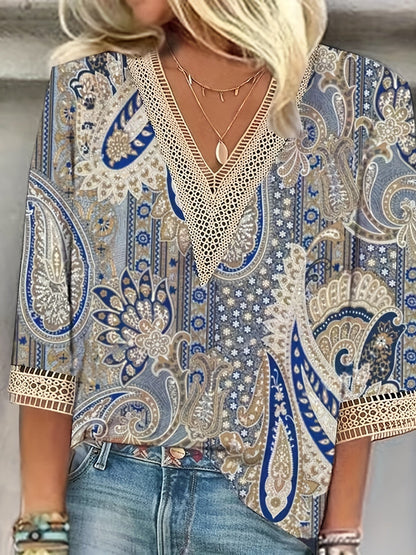 Avelena | Damen-T-Shirt mit Paisleymuster, Kontrastierender Spitze, V-Ausschnitt und Halben Ärmeln