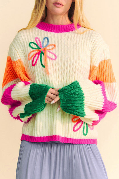 Avelena | Lockerer Strickpullover mit Blumenmuster Colorblock Beige