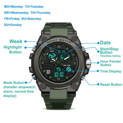 Avelena | Sportliche Dual-Display Mode Multifunktionale wasserdichte leuchtende Herrenarmbanduhr