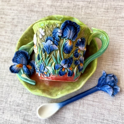 Avelena | ArtSip Keramikbecher & Untertassen-Set – Handgemaltes 3D-Design inspiriert von Van Gogh