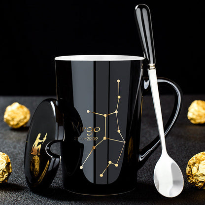 Avelena | 12 Tierkreiszeichen Schwarze Keramiktasse mit Deckel Löffel