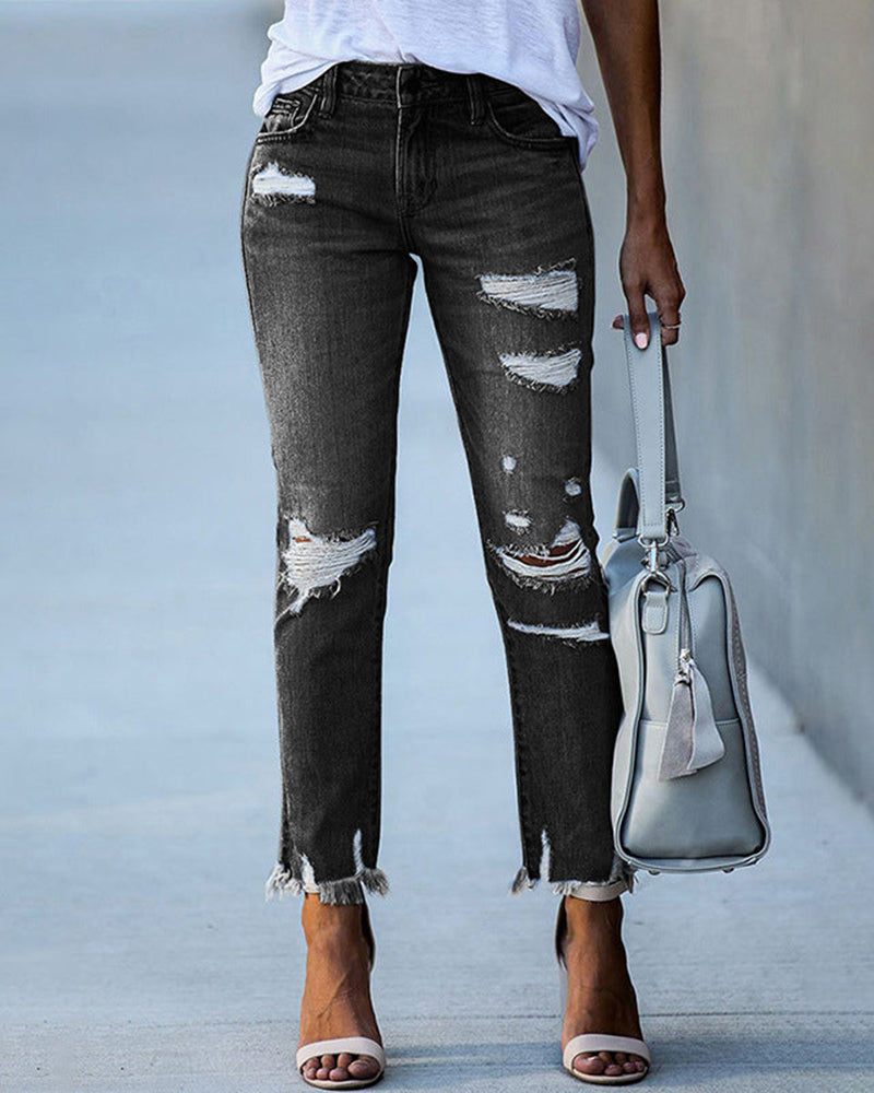 Avelena | Komfort Stretch Damen Slim-Fit Ripped Jeans Mit Fransenrändern